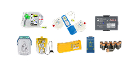 An assorted selection of AED pads and batteries